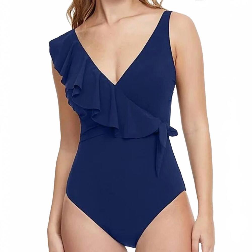 NEW PROFILE BY GOTTEX ruffle front one piece swimsuit in navy blue